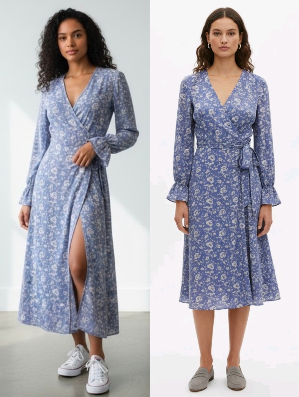 PAIGE Blue Floral Georgette Long Sleeve Metallic Midi Wrap Dress